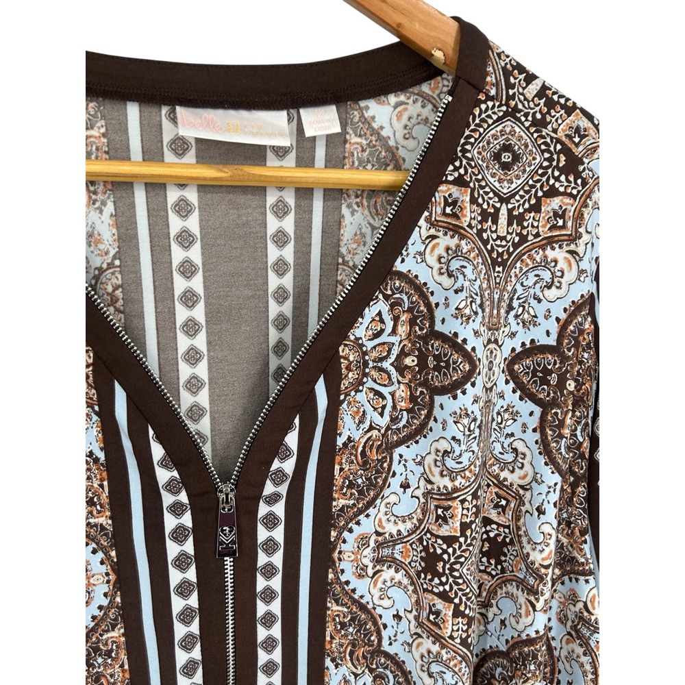 Belle by Kim Gravel Paisley Zip Front Tunic Top Brown Blue 1X - Picture 8 of 8